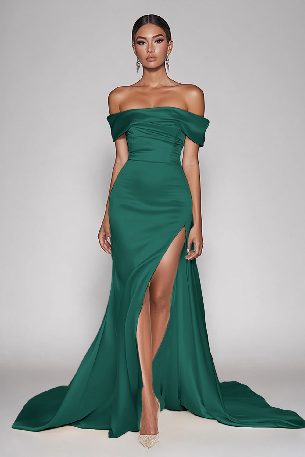 Cabernet Satin Off the Shoulder Long Sheath Prom Dress with Slit - Dark Green / US2 Cabernet Satin Off the Shoulder Long Sheath Prom Dress with Slit - Dark Green / US2