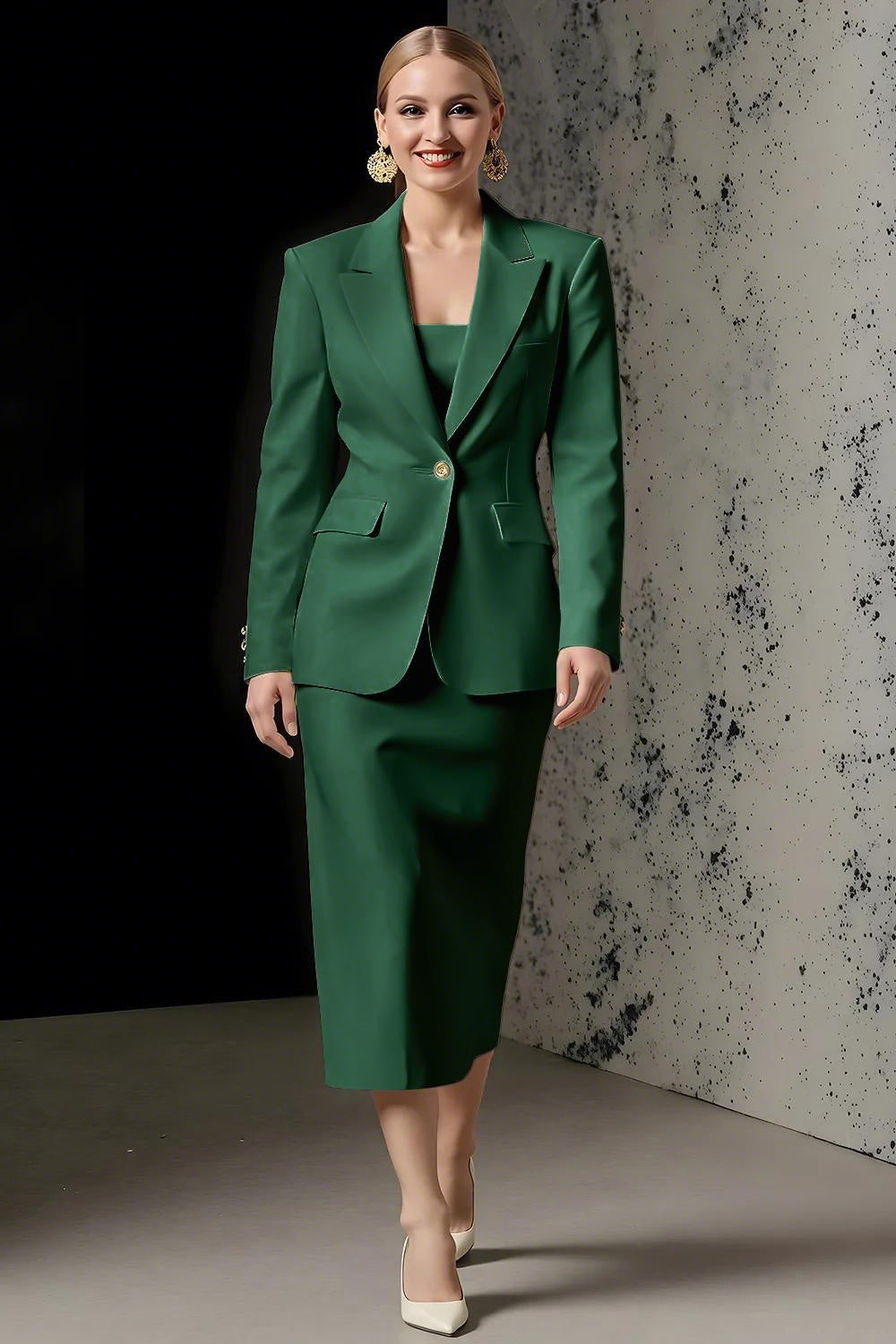 Ivory 2 Piece Pencil Satin Peak Lapel Midi Business Suits