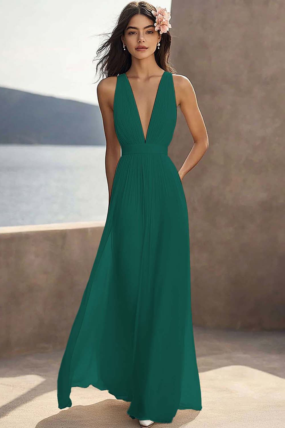 Chiffon Ivory Ruched Deep V-Neck Beach Maxi Engagement Dress