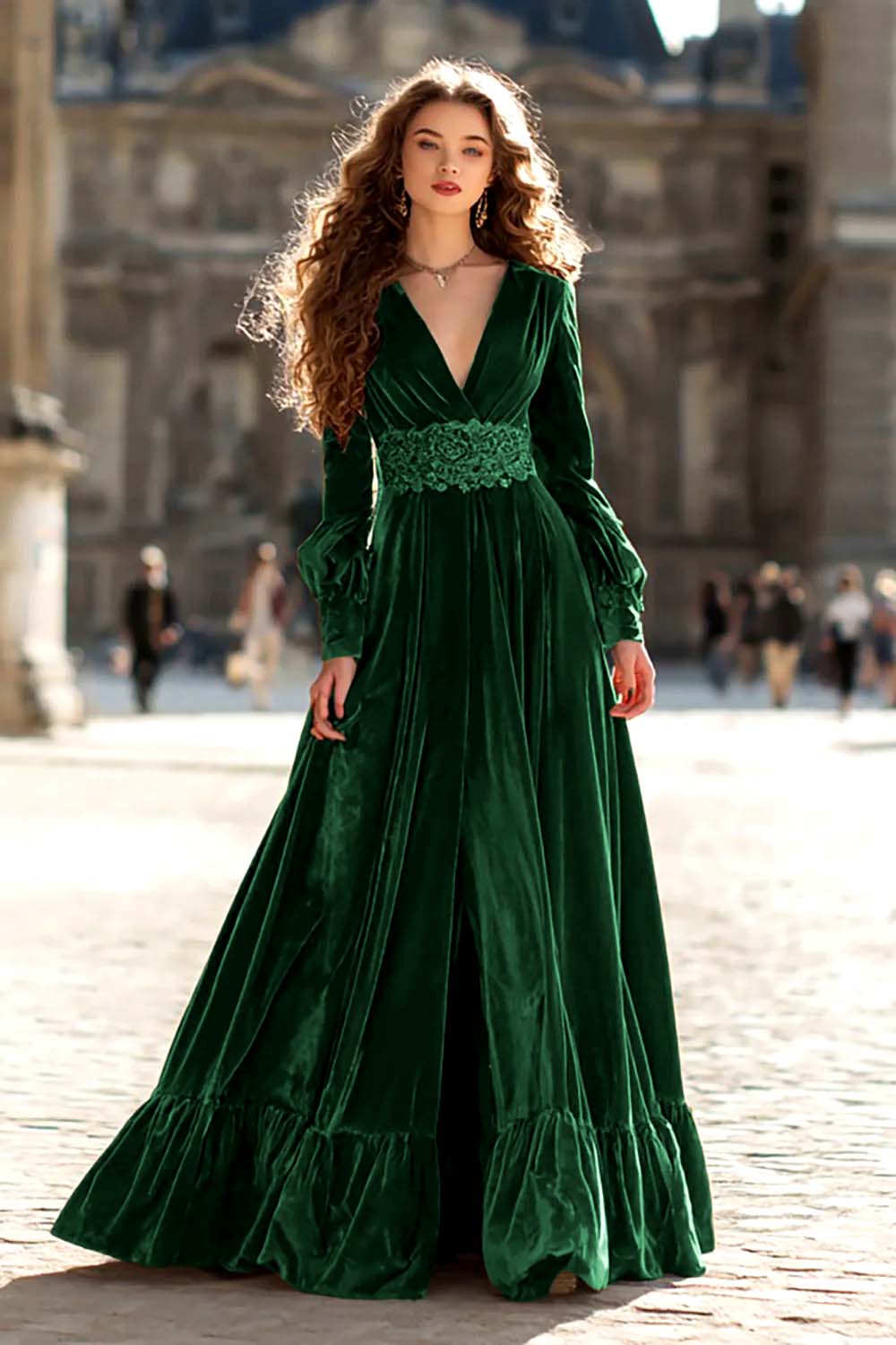 Zapakasa Women Brown Velvet Long Formal Dress with Sleeves A Line V-Neck Ruched Evening Dress with Ruffles Zapakasa Women Brown Velvet Long Formal Dress with Sleeves A Line V-Neck Ruched Evening Dress with Ruffles