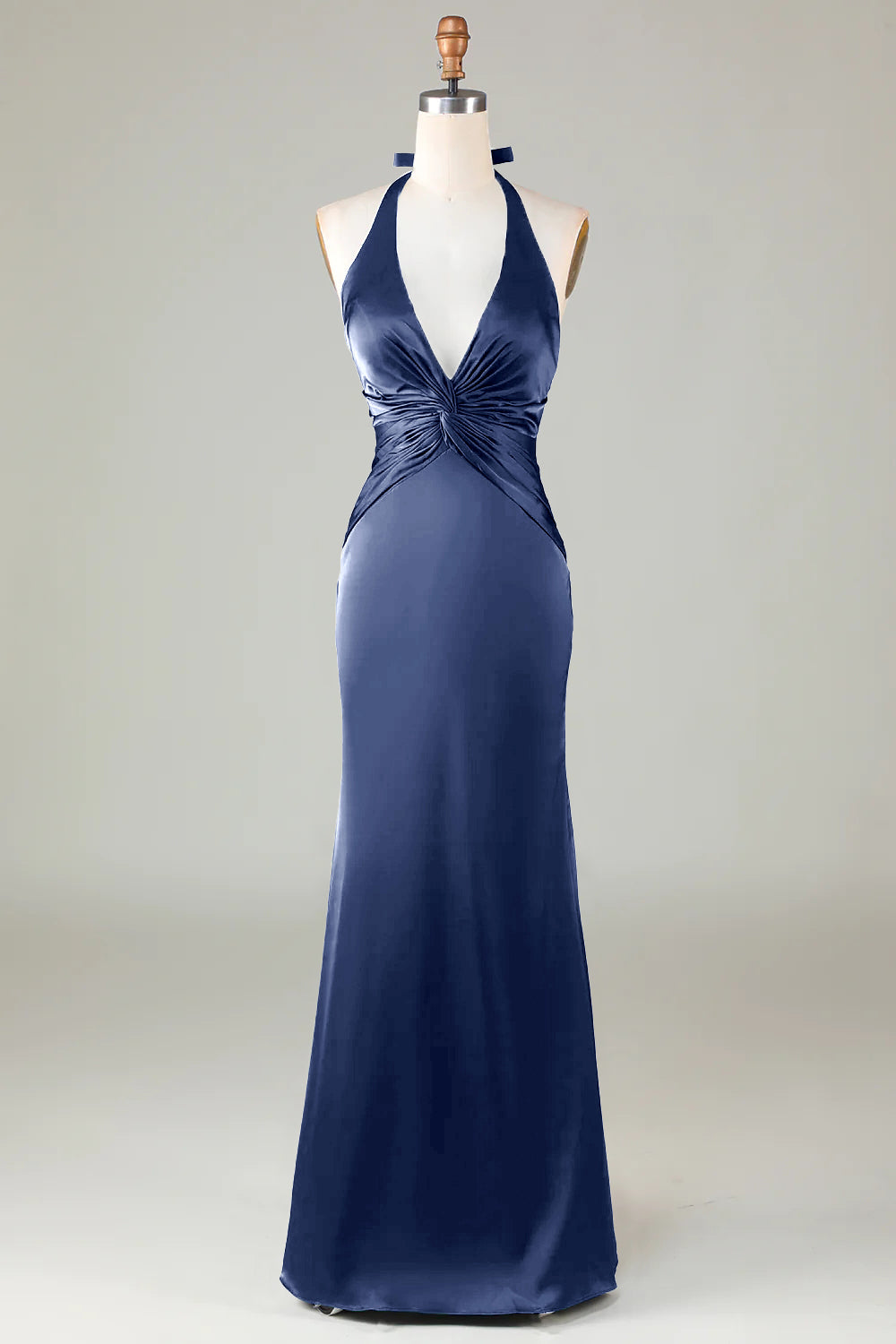 Elegant Dark Navy Satin Halter Mermaid Bridesmaid Dress Open Back Maxi Prom Dress