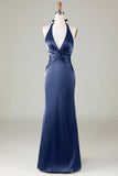 Elegant Dark Navy Satin Halter Mermaid Bridesmaid Dress Open Back Maxi Prom Dress