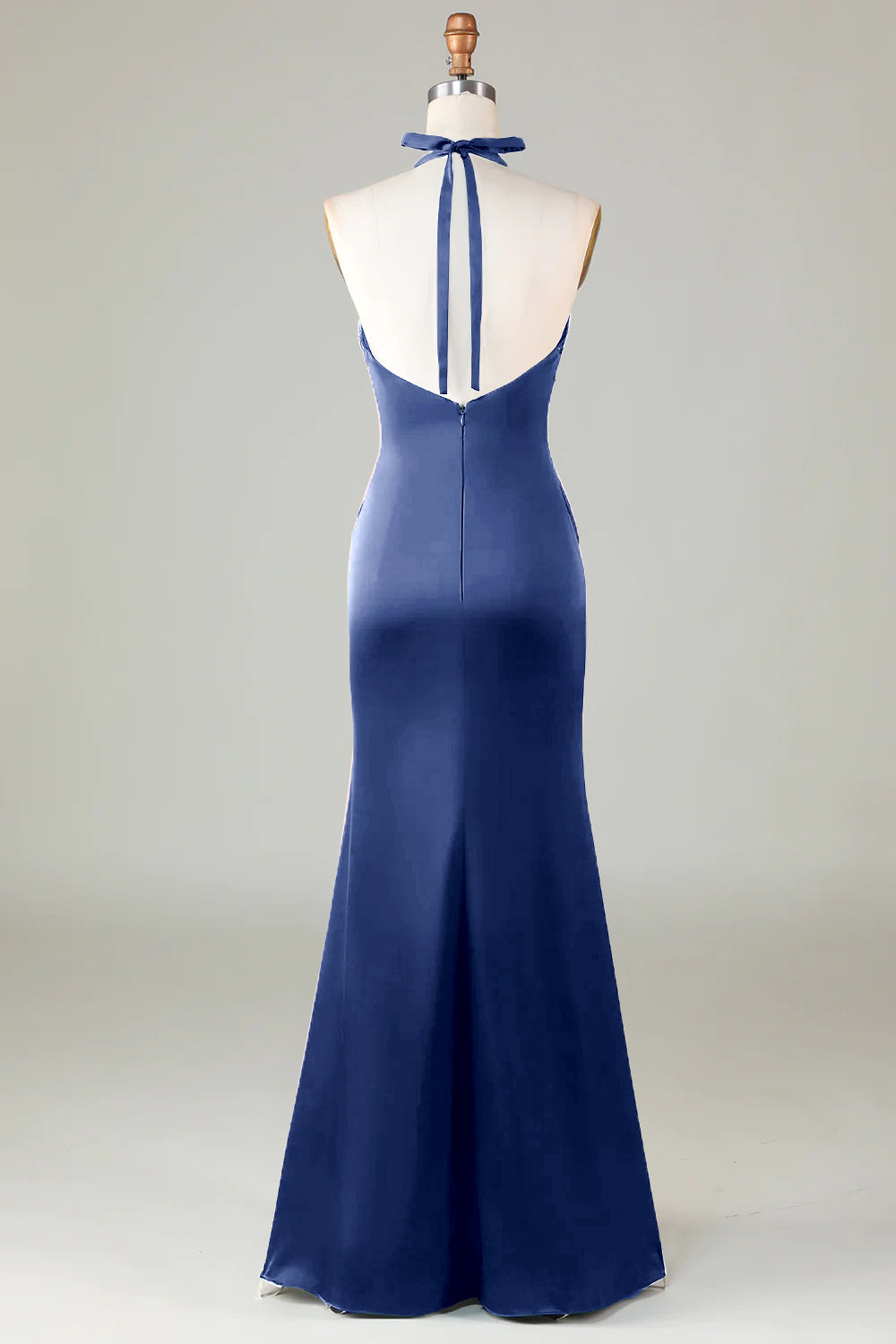 Taupe Sheath Halter Satin Long Bridesmaid Dress