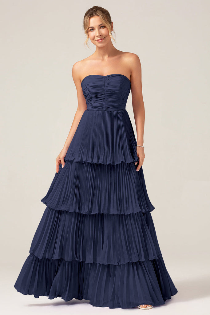 Full Pleated Skirt Chiffon Bridesmaid Dress Dusty Blue