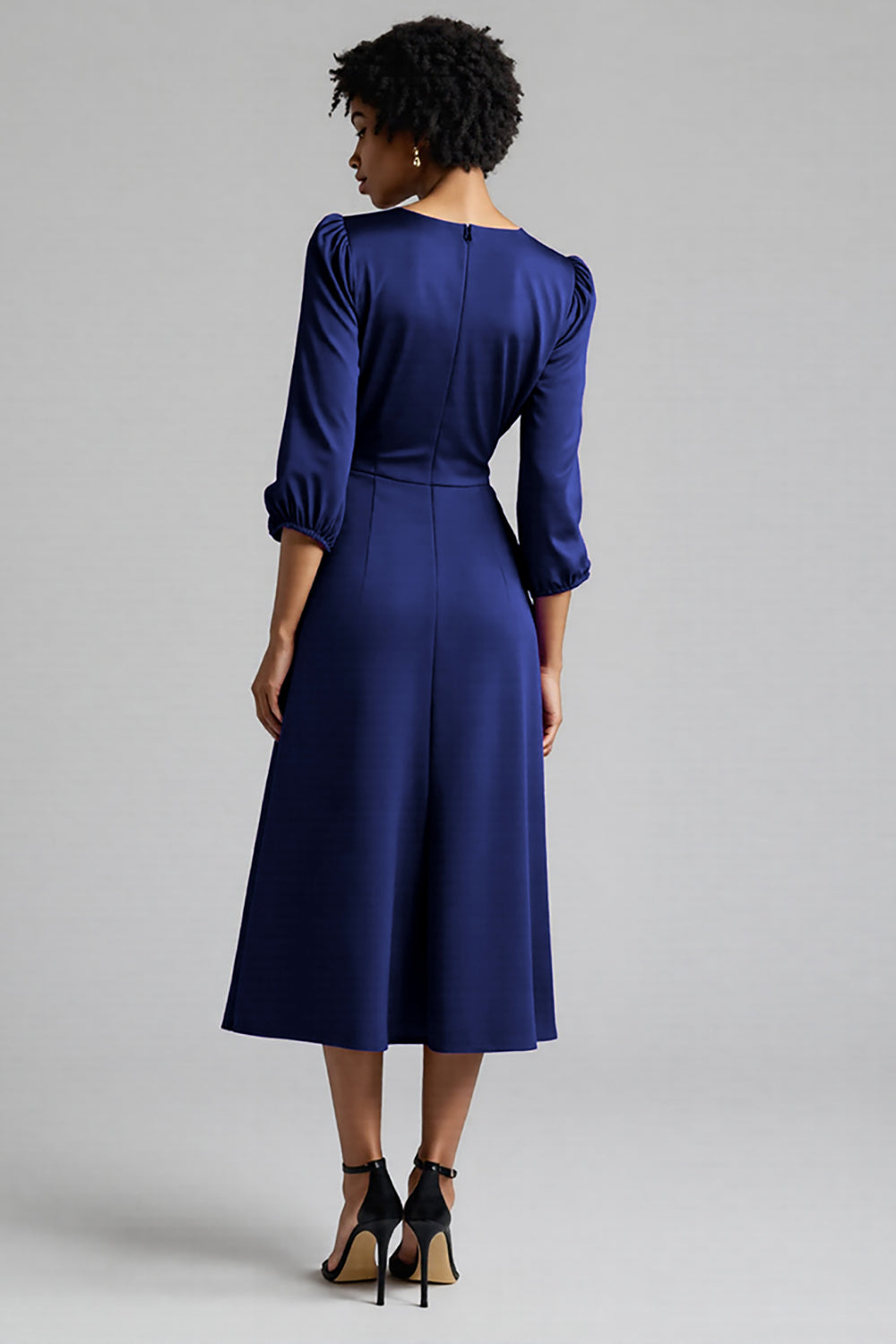 Plum Satin A Line Midi Ruched Work Dress with Half Sleeves