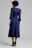 Plum Satin A Line Midi Ruched Work Dress with Half Sleeves