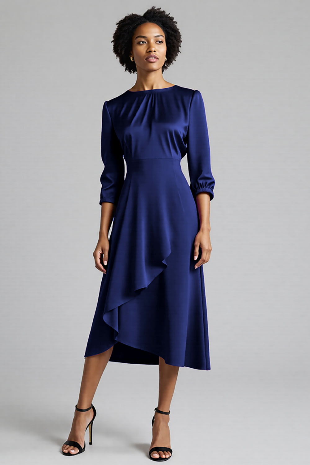 Royal Blue Satin Midi A Line Work Dress with Sleeves