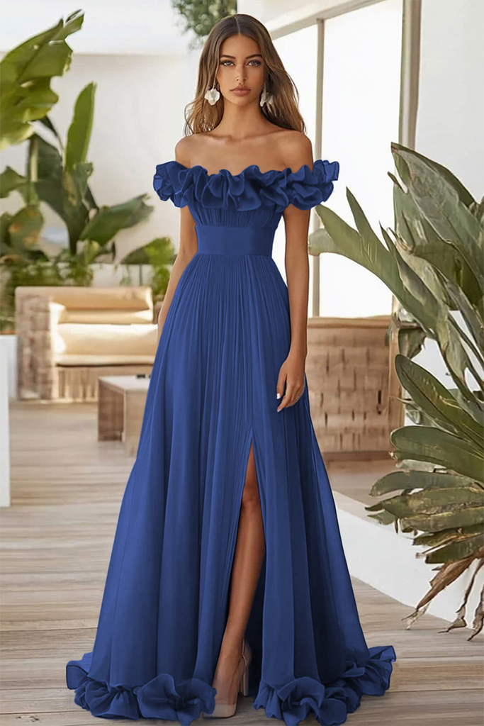 Off Shoulder Circle Skirt Dress with Pockets Dark Navy