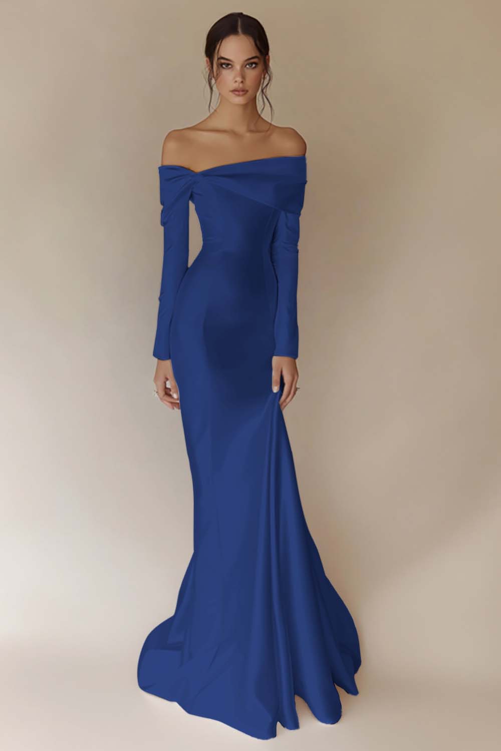 White Satin Off the Shoulder Long Sleeves Rehearsal Dinner Dress