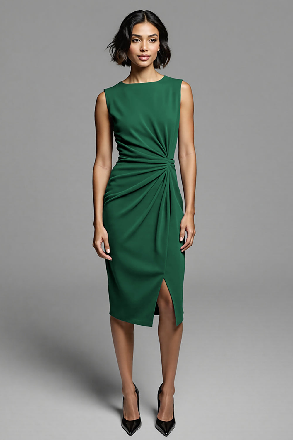 Grey Bodycon Satin Crew Neck Midi Ruched Work Dress with Slit