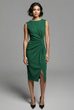 Grey Bodycon Satin Crew Neck Midi Ruched Work Dress with Slit