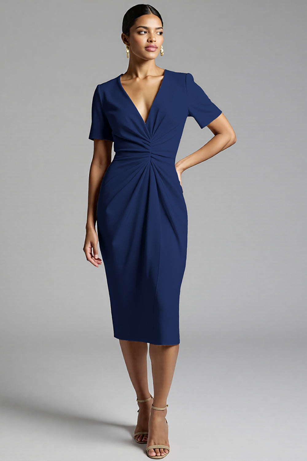 Tahiti V-Neck Bodycon Midi Satin Work Dress with Short Sleeves