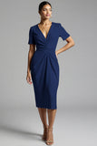 Tahiti V-Neck Bodycon Midi Satin Work Dress with Short Sleeves