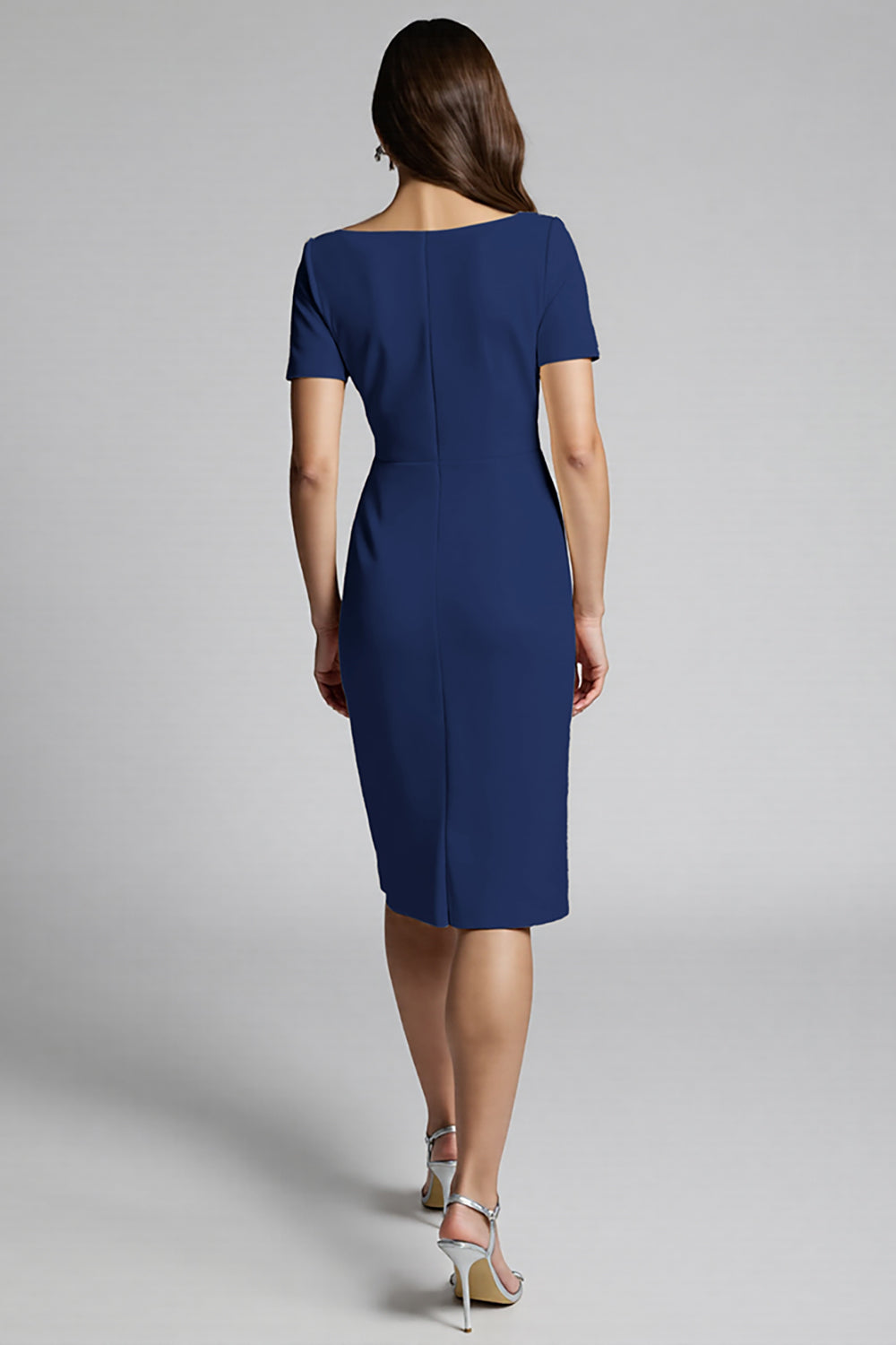 Champagne Bodycon Ruffled Midi Satin Work Dress with Short Sleeves