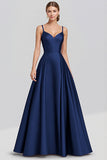 Black Satin A Line Spaghetti Straps Long Formal Dress