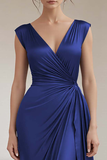 Grey Blue V-Neck Sheath Long Ruched Formal Dress with Ruffles