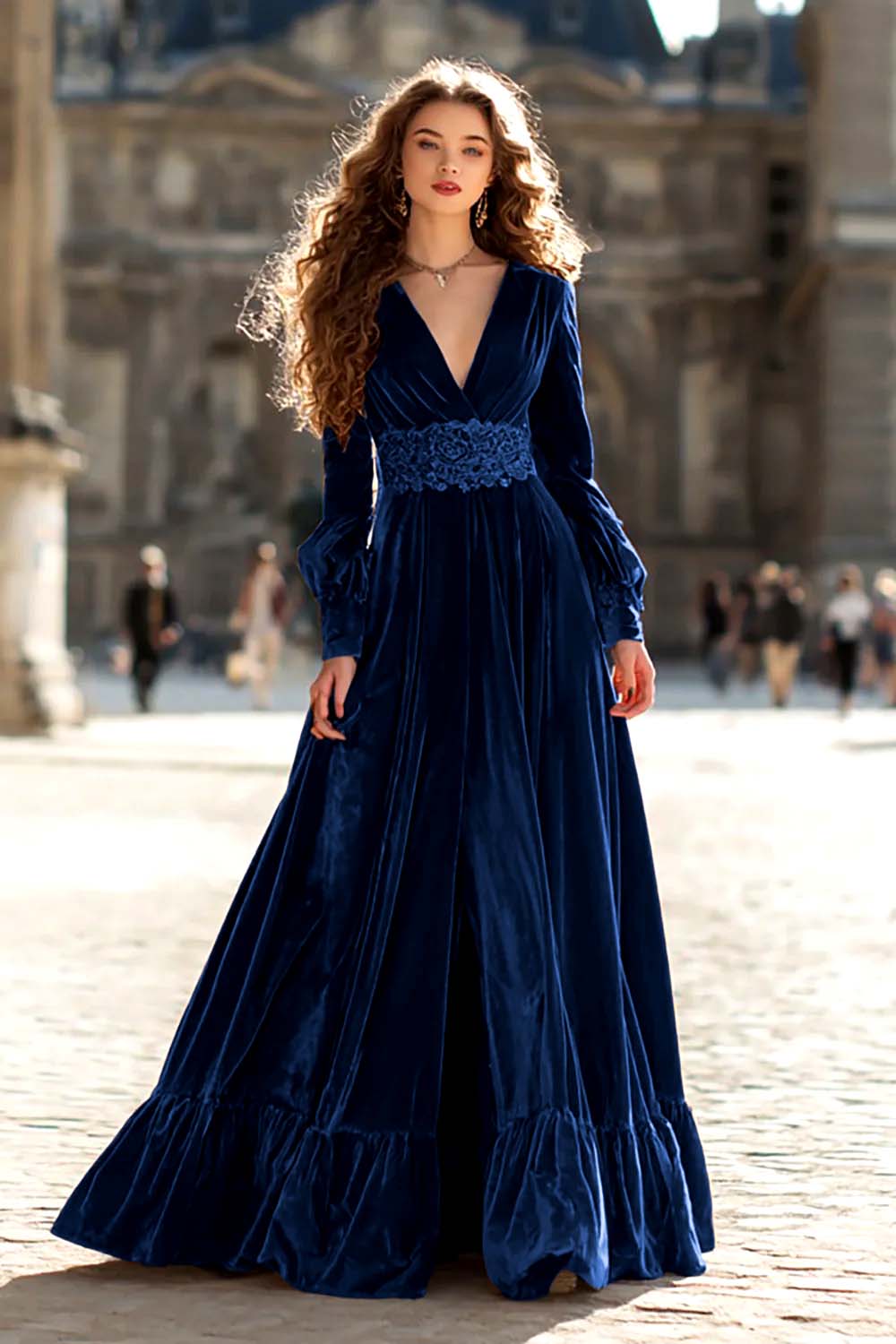 Brown Velvet A Line V-Neck Long Sleeves Formal Dress with Ruffles - Dark Navy / US2 Brown Velvet A Line V-Neck Long Sleeves Formal Dress with Ruffles - Dark Navy / US2
