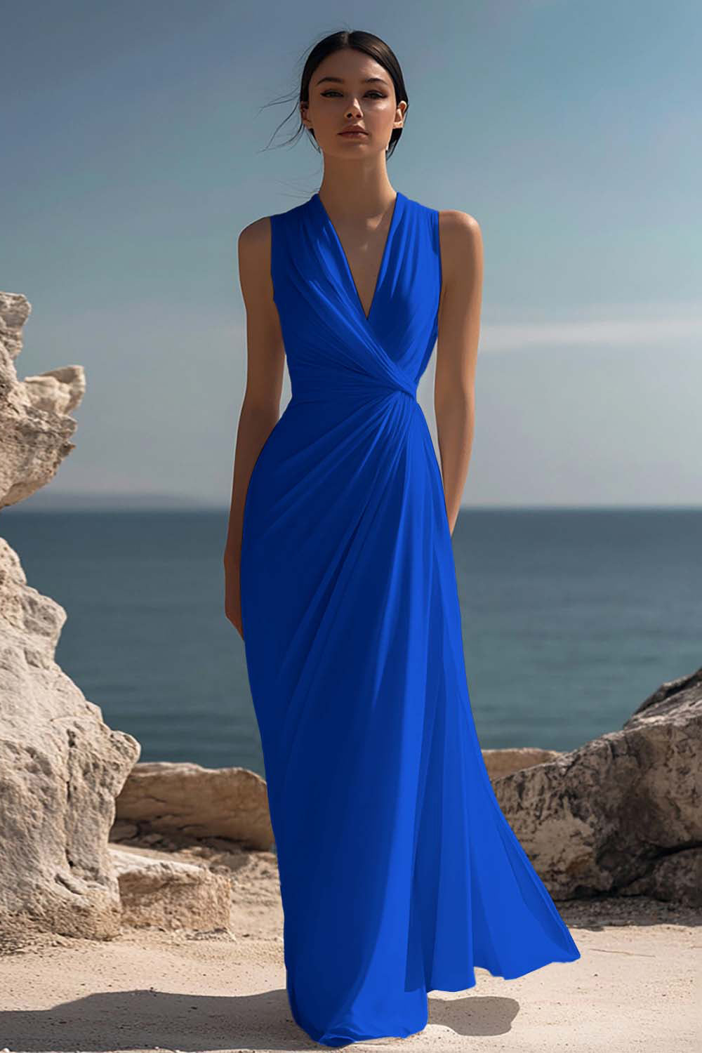 ZAPAKASA Women White Chiffon Sheath Long Rehearsal Dinner Dress V-Neck Ruched Sleeveless Engagement Dress ZAPAKASA Women White Chiffon Sheath Long Rehearsal Dinner Dress V-Neck Ruched Sleeveless Engagement Dress