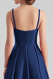 Black Satin A Line Spaghetti Straps Long Formal Dress
