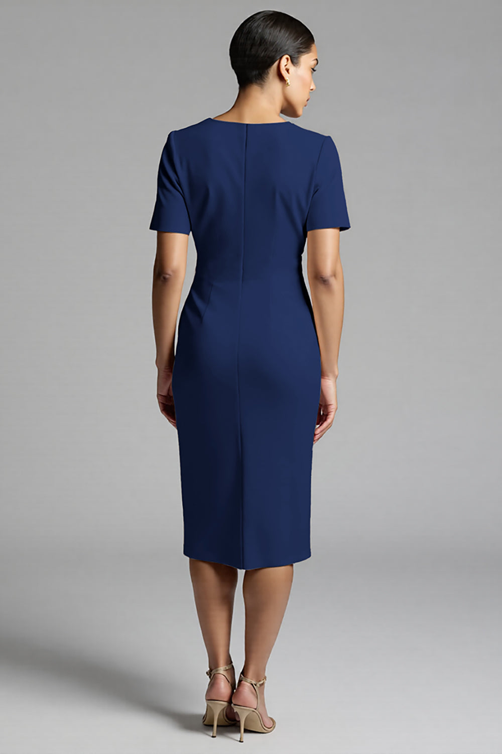 Tahiti V-Neck Bodycon Midi Satin Work Dress with Short Sleeves