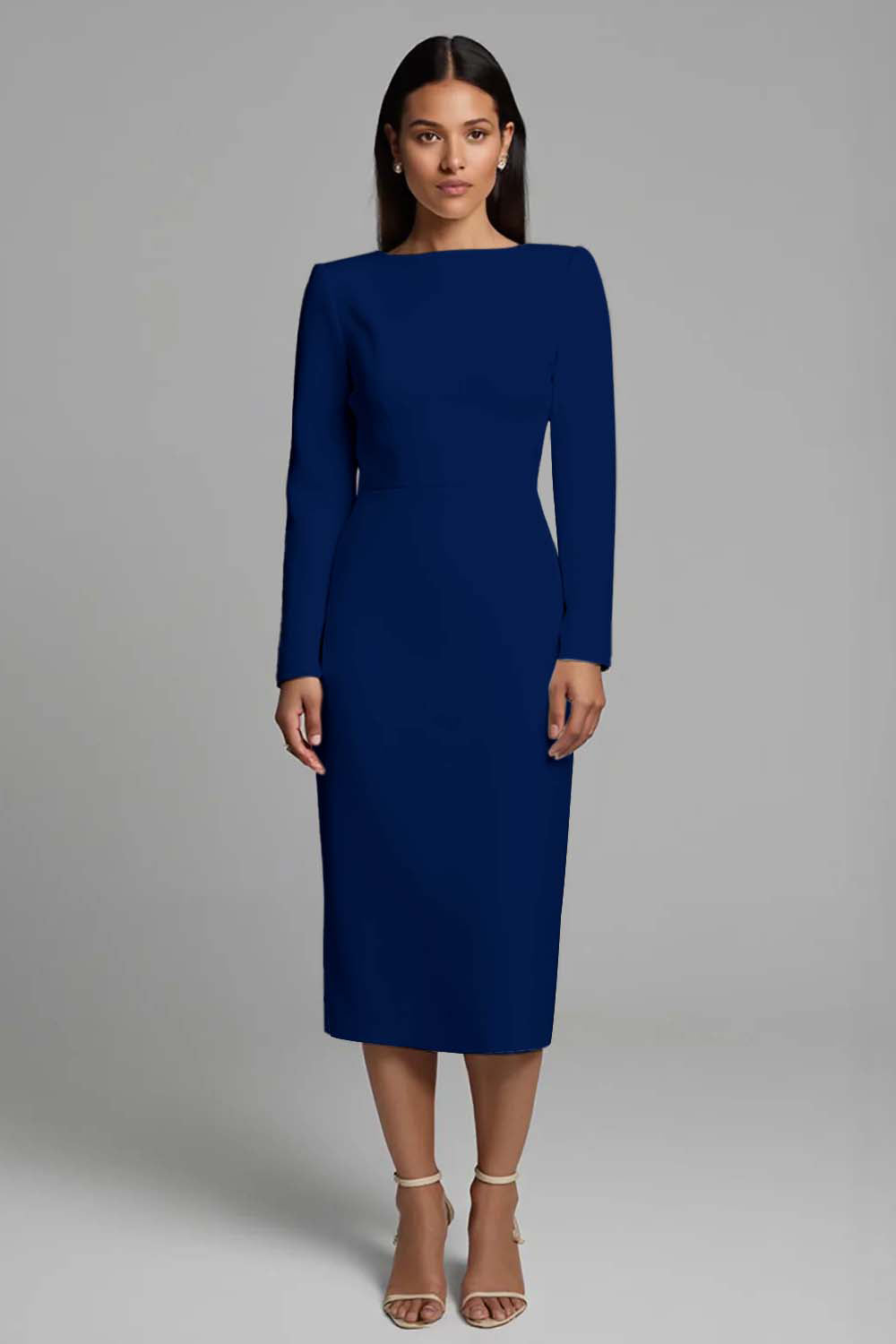 Simple Ivory Pencil Bateau Neck Midi Work Dress with Sleeves