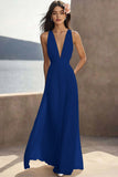 Chiffon Ivory Ruched Deep V-Neck Beach Maxi Engagement Dress