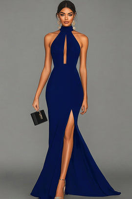 Zapakasa Women Dark Navy Mermaid Maxi Halter Formal Wedding Guest Dress Keyhole Satin Gala Dress
