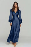 Champagne V-Neck Satin Backless Long Sleeves Evening Dress