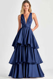 Dusty Sage A-Line V-Neck Sleeveless Long Tiered Prom Dress