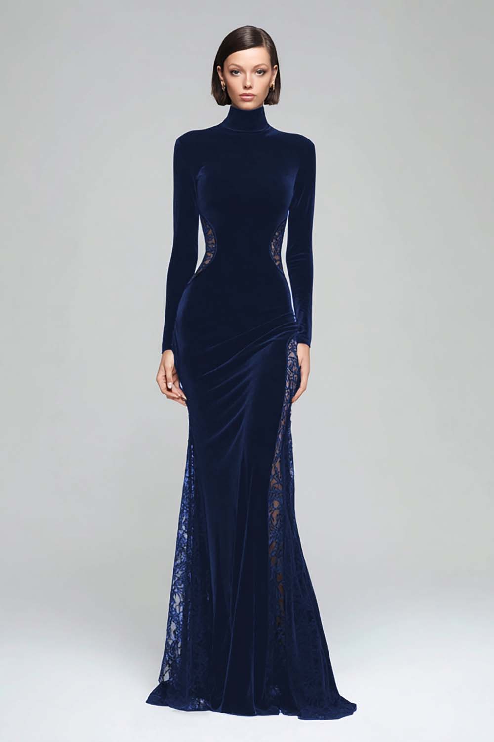 Zapaka Women Black Velvet Formal Dress with Lace Mermaid Long Sleeve High Neck Evening Dress, Dark Navy / UK16 Zapaka Women Black Velvet Formal Dress with Lace Mermaid Long Sleeve High Neck Evening Dress, Dark Navy / UK16