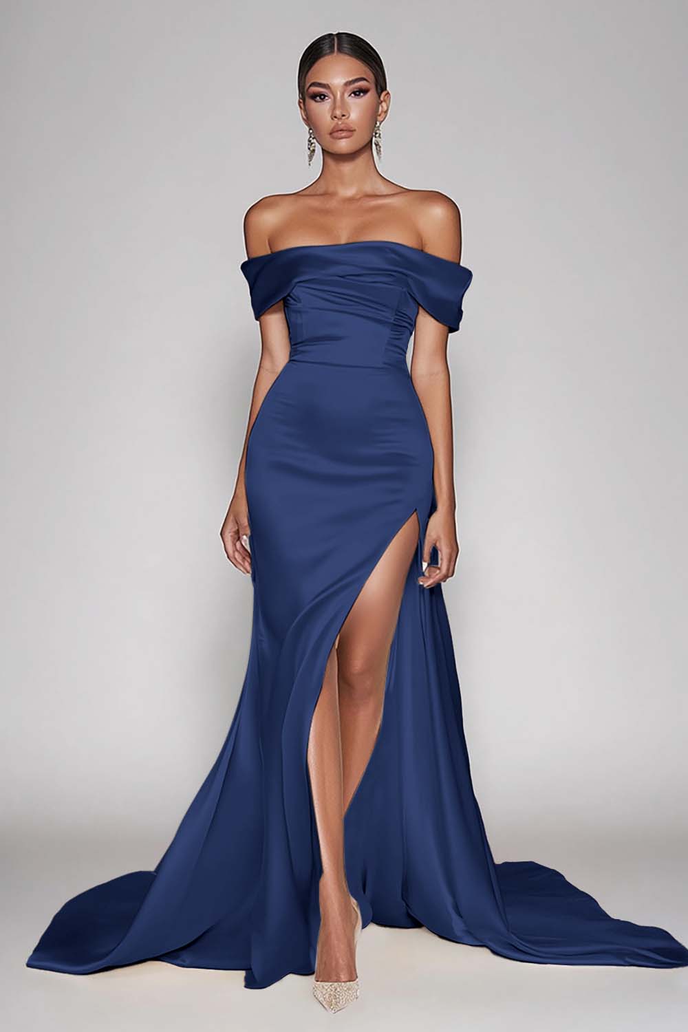 Cabernet Satin Off the Shoulder Long Sheath Prom Dress with Slit - Dark Navy / US2 Cabernet Satin Off the Shoulder Long Sheath Prom Dress with Slit - Dark Navy / US2