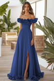 Dark Navy A Line Off the Shoulder Long Formal Dress with Slit