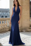 Navy Halter Ruched Mermaid Long Prom Dress