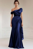 Grey Blue Mermaid Satin One Shoulder Ruched Formal Dress with Ruffles