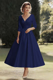 Champagne A Line Satin Half Sleeves Long Mother of the Bride Dress
