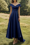 Dark Navy Slim Off The Shoulder Long Formal Dress with Wide Hem