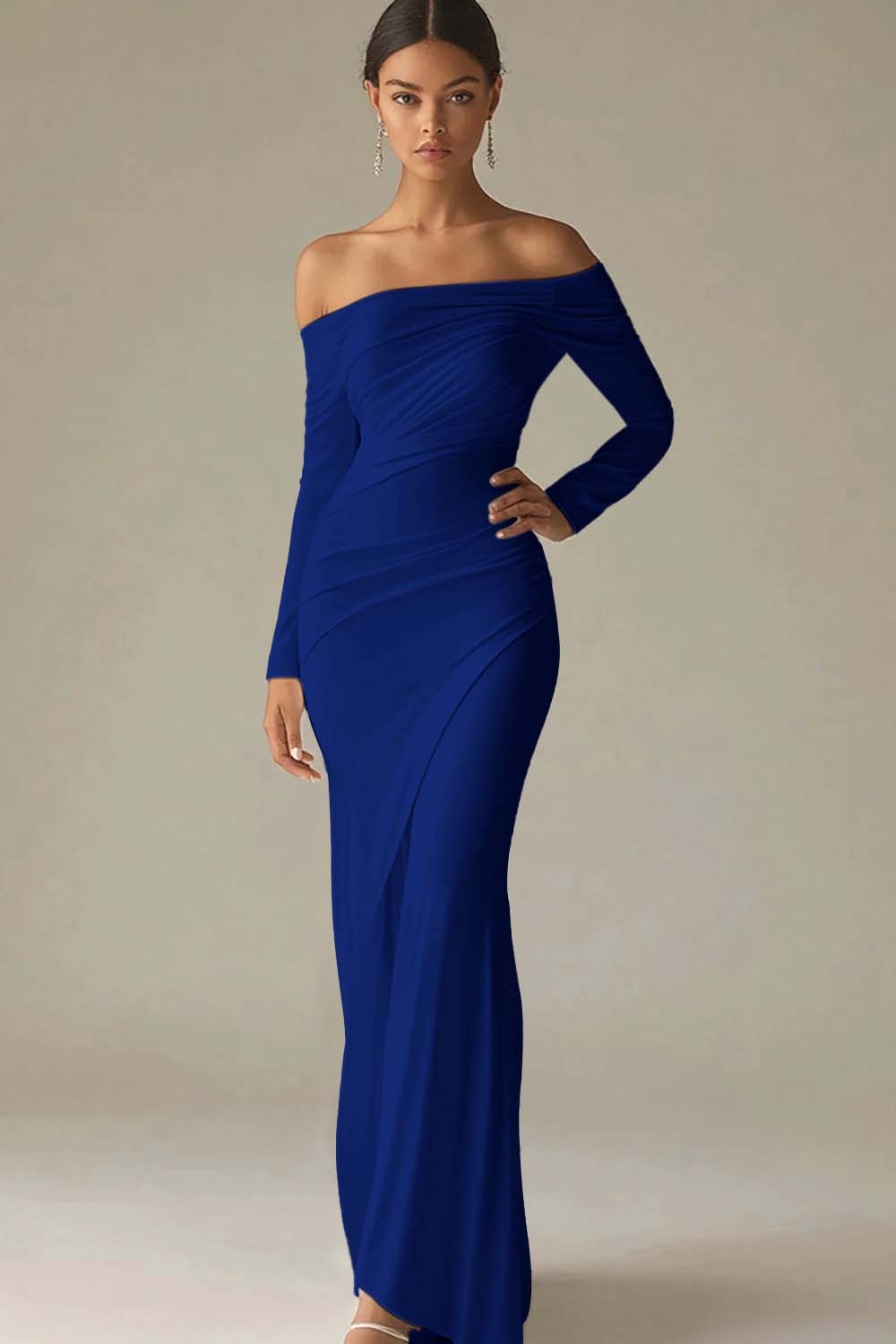 White Sheath Long Off the Shoulder Rehearsal Dinner Dress with Sleeves