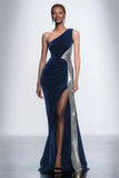 Black Velvet One Shoulder Mermaid Long Holiday Party Dress with Sequins