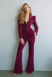 Burgundy Velvet 2 Piece Notched Lapel Women Prom Suits with Pockets