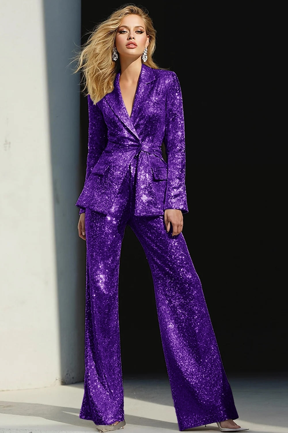 Sparkly Silver 2 Piece Sequins Notched Lapel Women Prom Suits