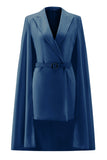 White Satin Peak Lapel Cape Short Work Blazer Dress with Belts