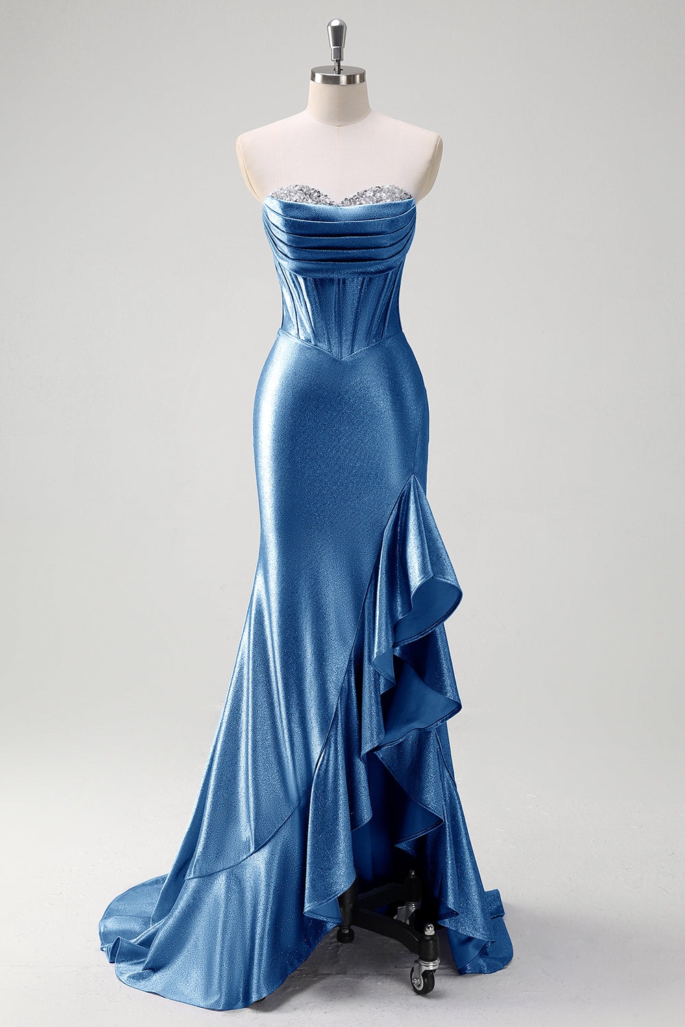 Aesthetic Mermaid Sweetheart Neckline Gray Taffeta Prom Dress Ruffle Long Party Dress