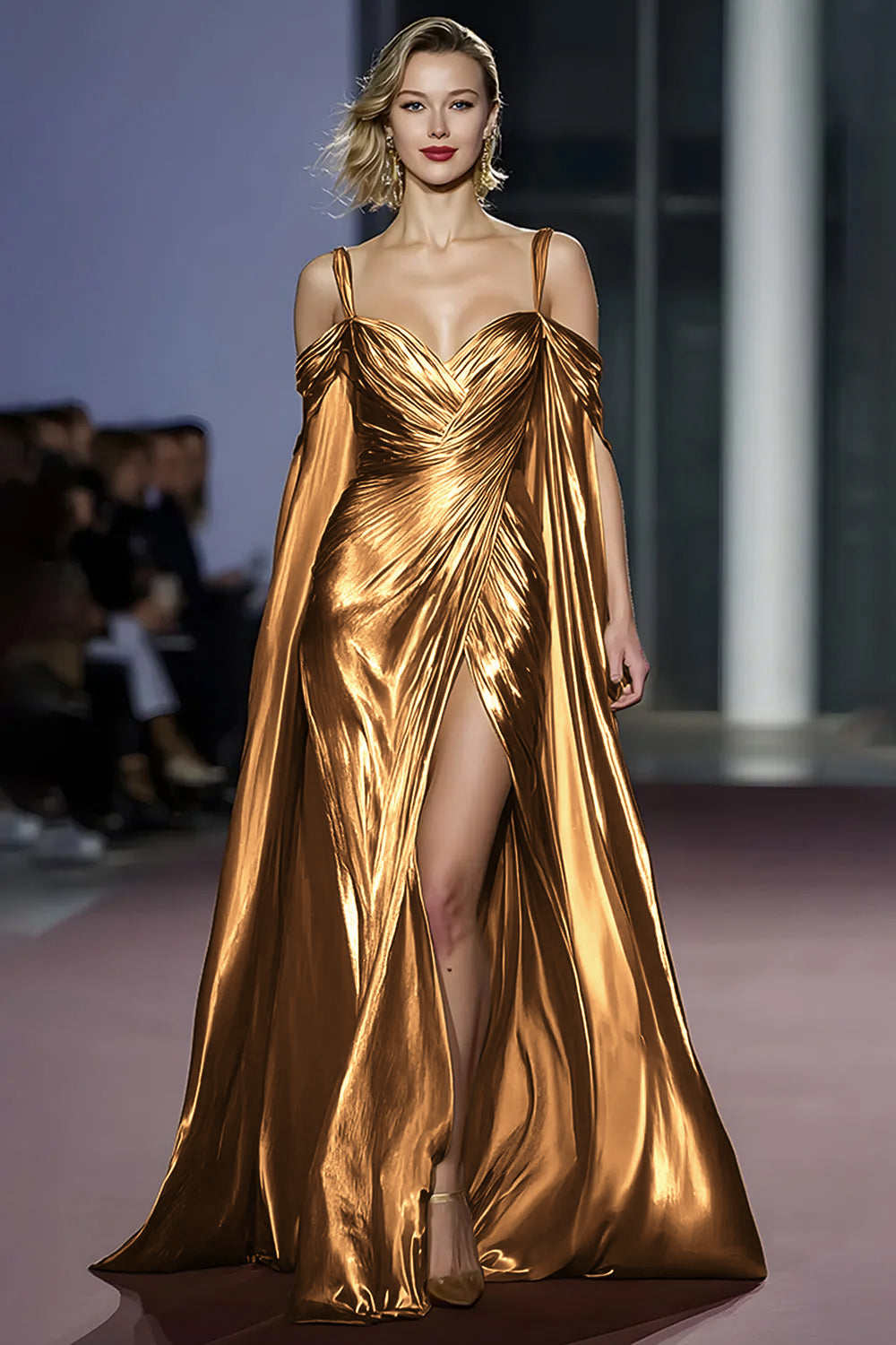 Golden Cold Shoulder Metallic Long Gala Dress with Slit
