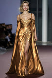 Golden Cold Shoulder Metallic Long Gala Dress with Slit