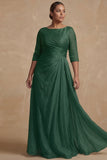 Dusty Sage Bateau Neck A Line Long Mother of the Bride Dress with Sleeves