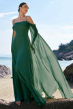 Flowy Dark Green Chiffon Bridesmaid Dress with Streamer Cold Shoulder A Line Wedding Guest Dress