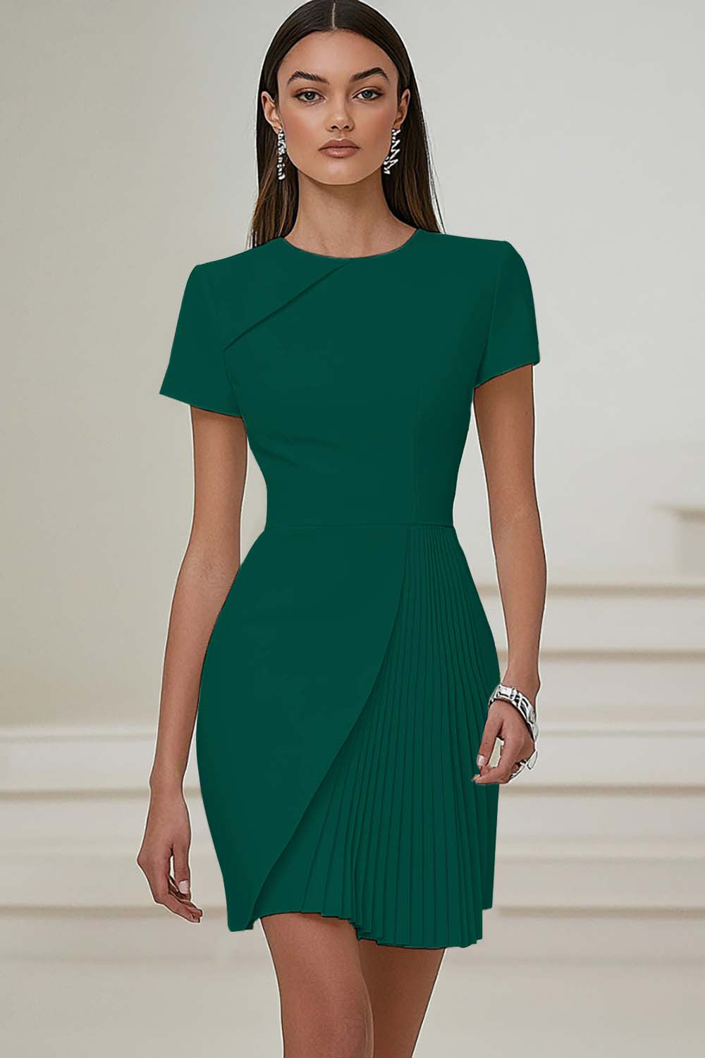 Zapakasa Women White Satin Bodycon Work Dress with Short Sleeves Round Neck Pleated Semi Formal Dress Zapakasa Women White Satin Bodycon Work Dress with Short Sleeves Round Neck Pleated Semi Formal Dress