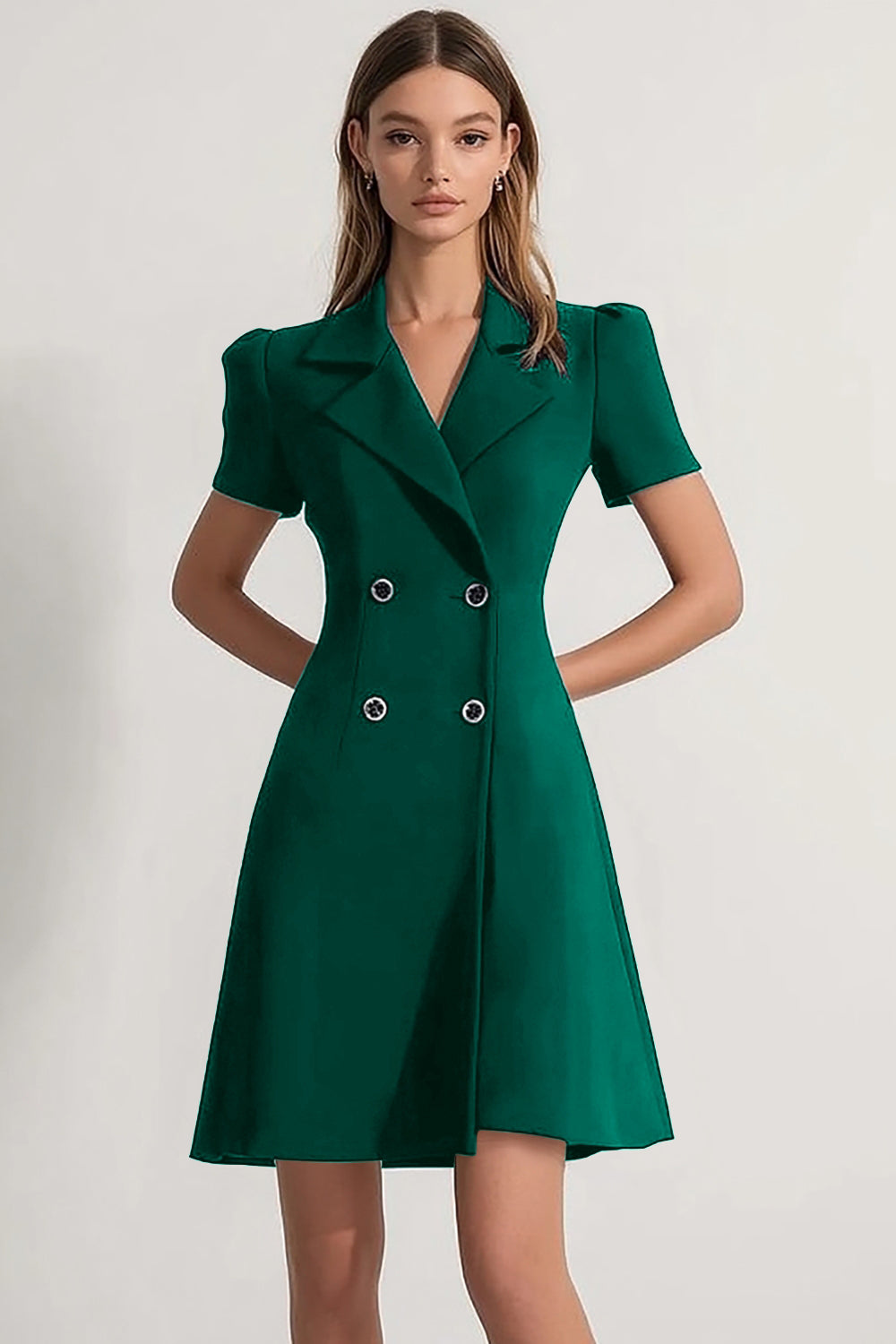 Navy A Line Notched Lapel Double Breasted Short Work Blazer Dress with Sleeves