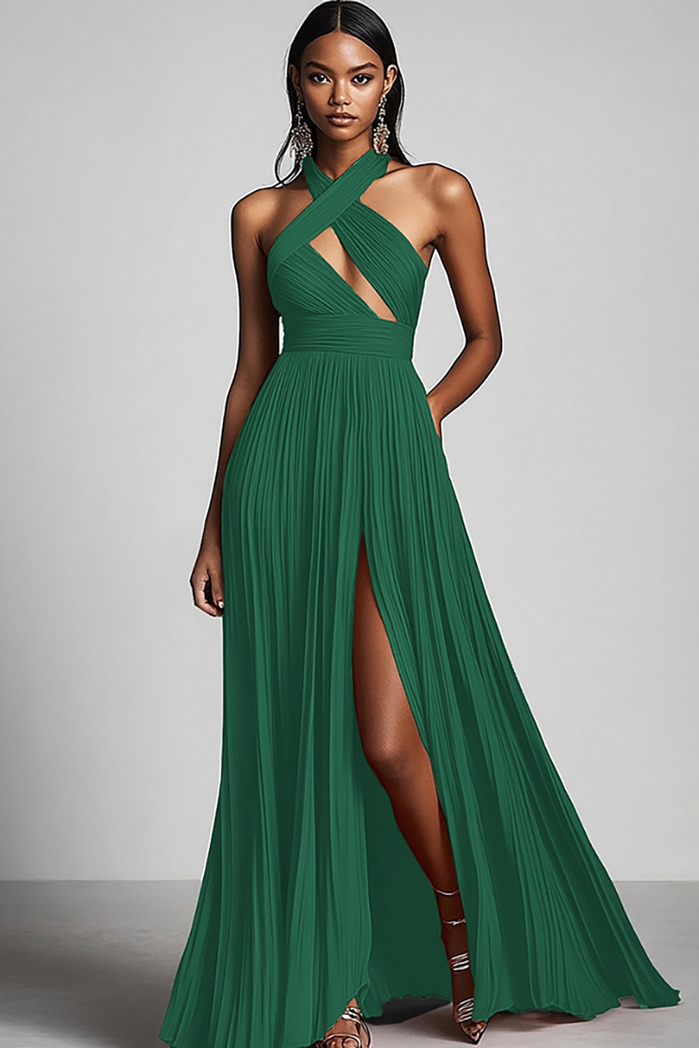 Black A Line Pleated Halter Neck Long Formal Dress with Slit