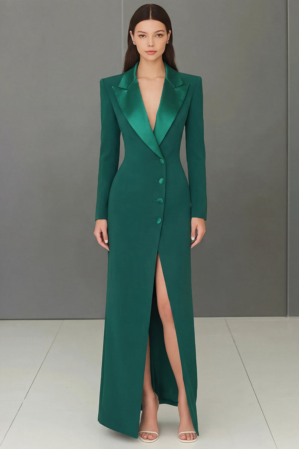 Navy Velvet Peak Lapel Single Breasted Long Blazer Dress with Slit